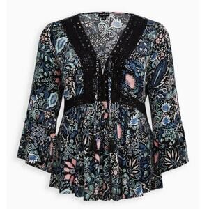TORRID Floral Lace Up Boho Challis Babydoll Top Long Sleeve Size 2 18-20 2X